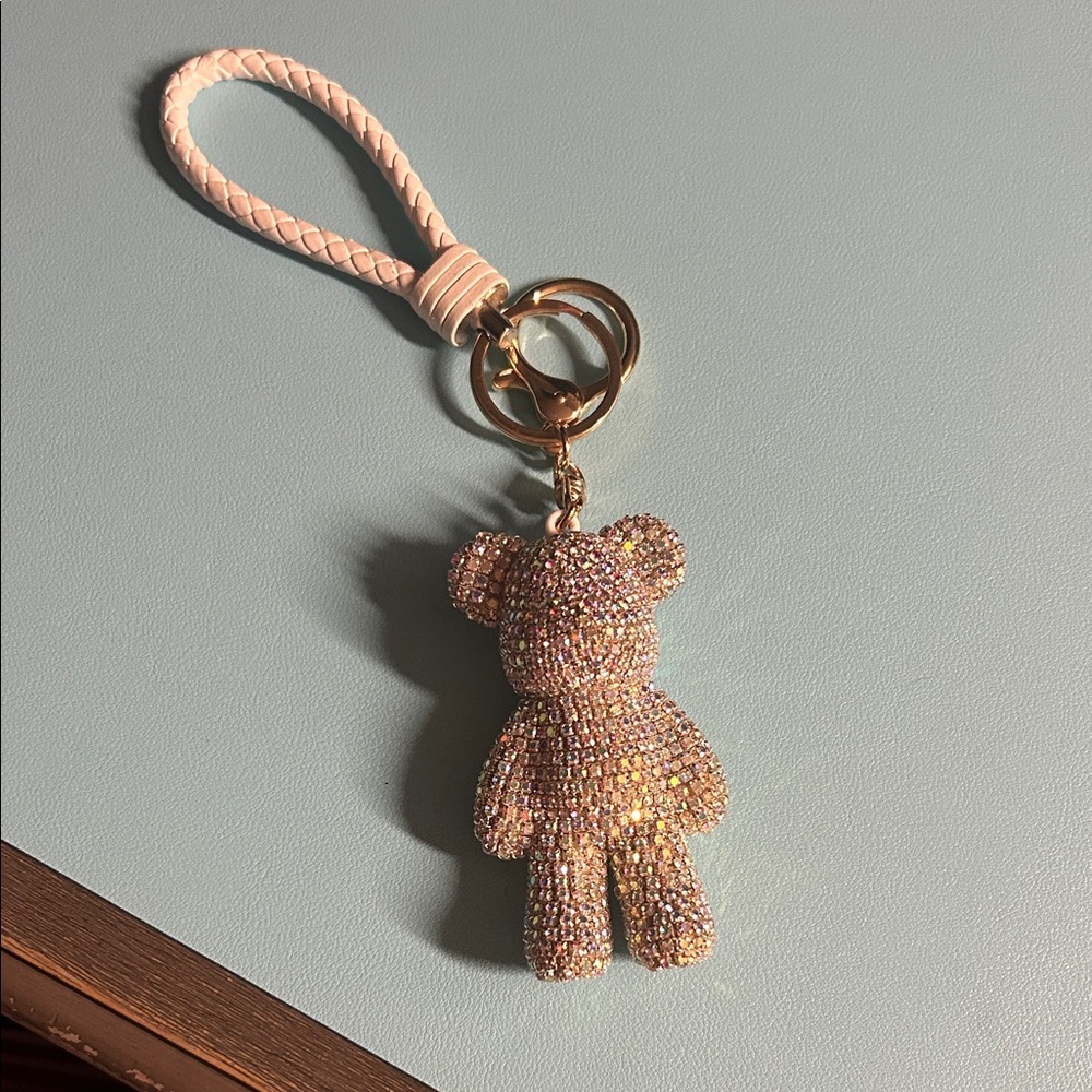 Crystal Bear Keychain with White Braided Strap